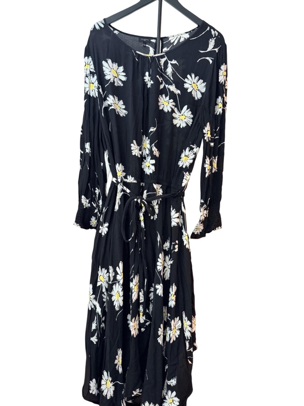 Talbots Lightweight Black Floral Long-Sleeve Midi Dress with Tie Waist